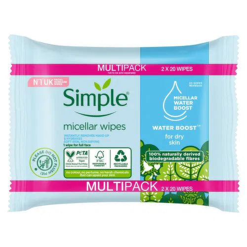Simple Micellar Wipes Twin Pack - 20 x 2