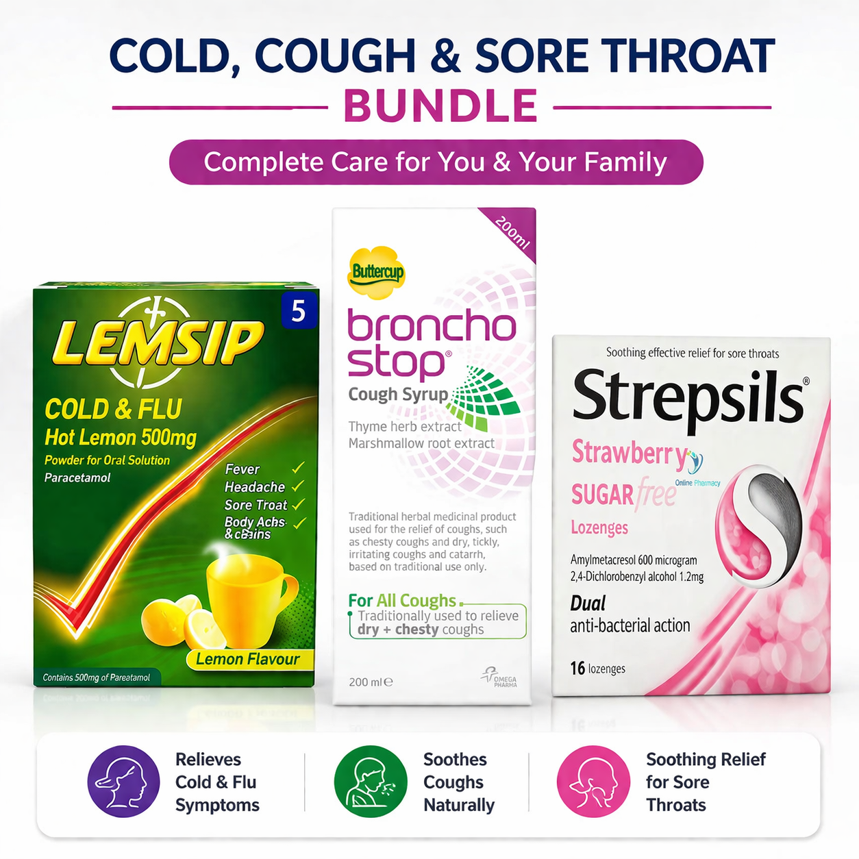 BronchoStop, Strepsils & Lemsip Bundle