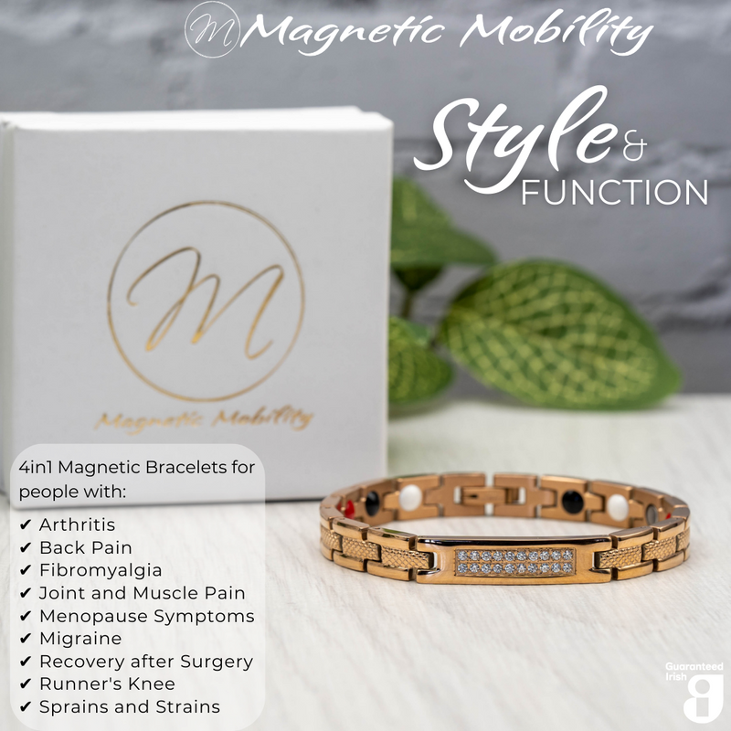 Front view of the Honesty Dawn 4in1 magnetic bracelet by Magnetic Mobility, promoting arthritis, back pain, fibromyalgia relief with a stylish rose gold design featuring a central panel with sparkling crystals. The bracelet is shown in front of its luxury white gift box.