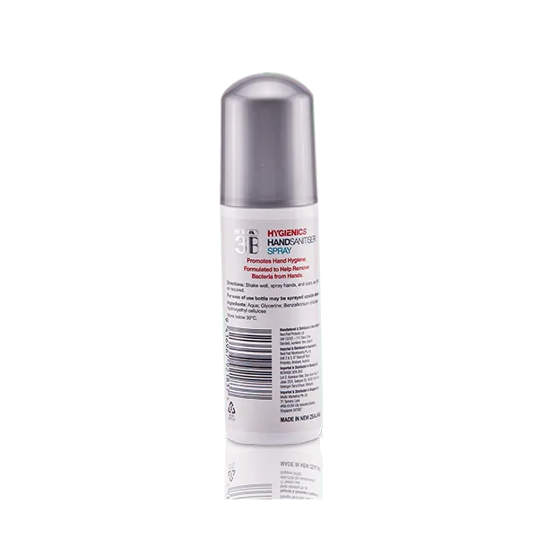 Back of the 3B Hand Sanitiser Spray bottle, featuring mostly black text with product details, directions, and ingredients on a white background.
