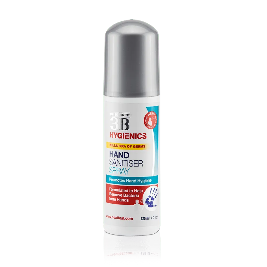 3B Hand Sanitiser Spray, featuring a white bottle with a grey cap, standing upright. The packaging is simple and clean, highlighting the product's effectiveness in sanitising hands.