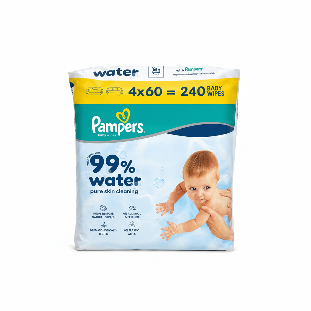 Pampers 99% Water Baby Wipes - 4 x 60pc