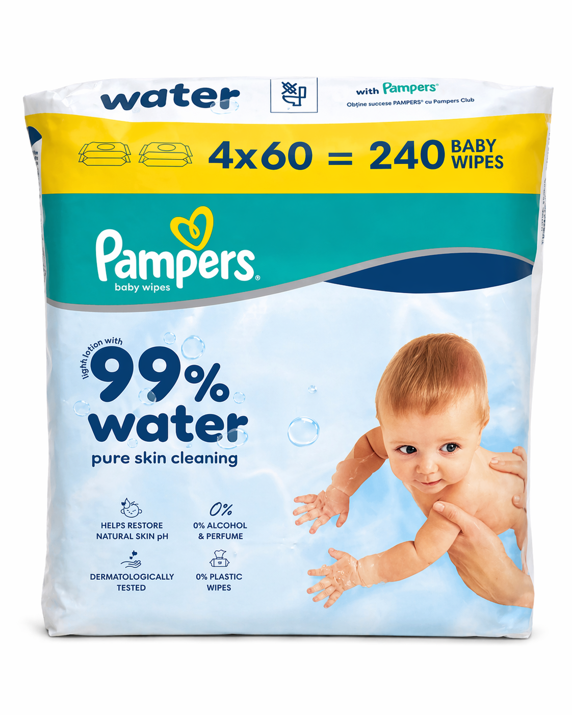 Pampers 99% Water Baby Wipes - 4 x 60pc