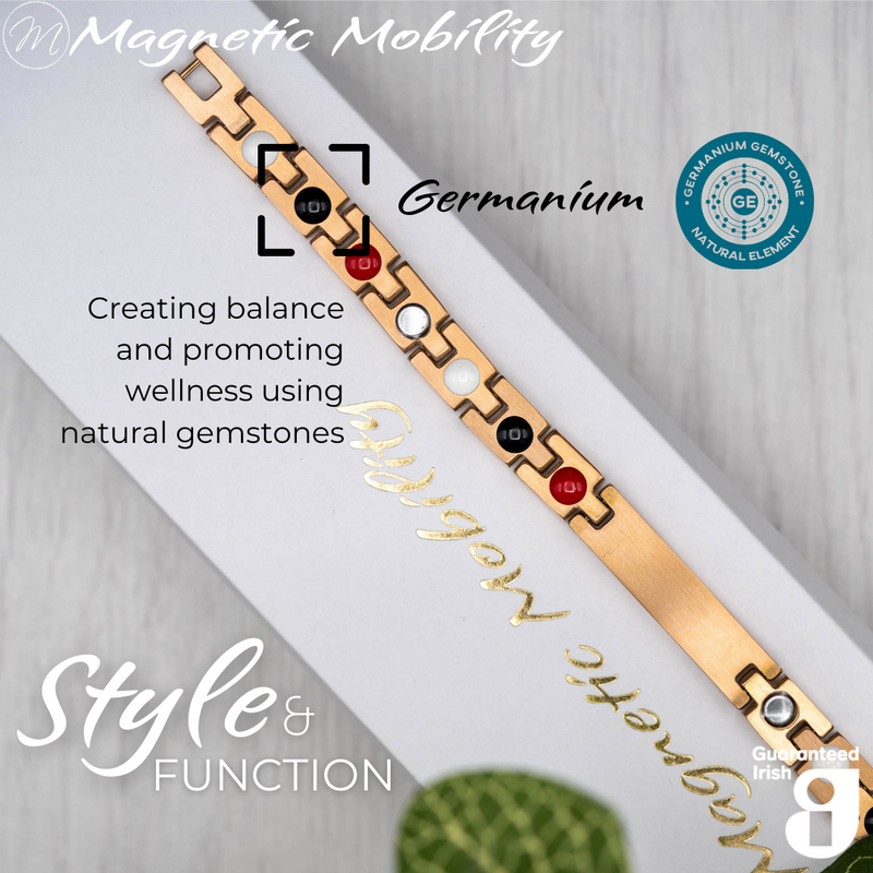 Honesty Dawn 4in1 magnetic bracelet by Magnetic Mobility, featuring germanium elements that promote balance and wellness using natural gemstones. Ideal for enhancing health and relieving various ailments.