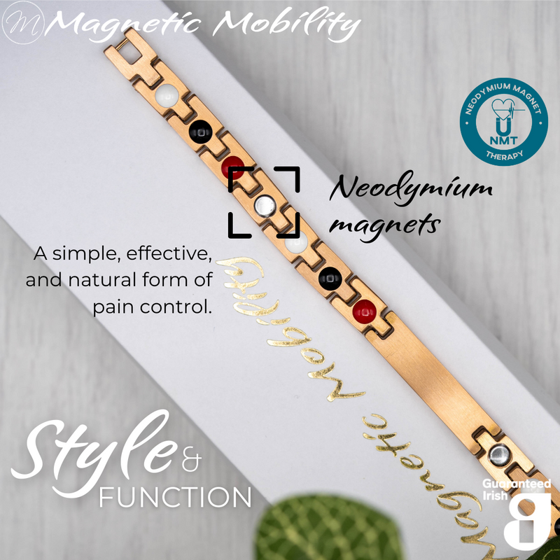 Honesty Dawn 4in1 magnetic bracelet from Magnetic Mobility, highlighting neodymium magnets which offer a simple, effective, and natural form of pain control. Perfect for alleviating arthritis, back pain, fibromyalgia, and more