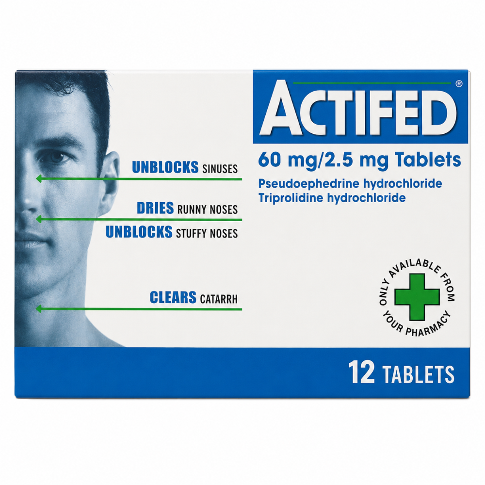 Actifed medication box with a man's face on the left side, displaying product features and packaging details.