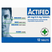 Actifed medication box with a man's face on the left side, displaying product features and packaging details.