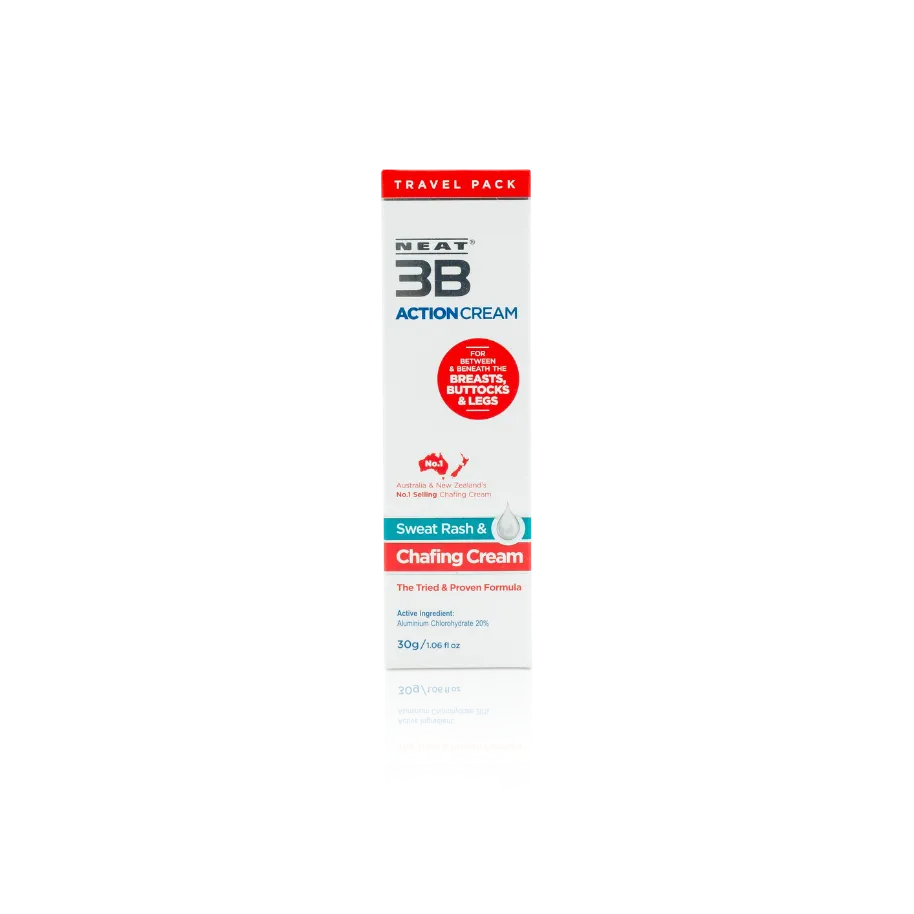 Neat 3B Action Cream 30g travel pack box with a white, red, and duck egg blue design, ideal for preventing sweat and chafing on the go.