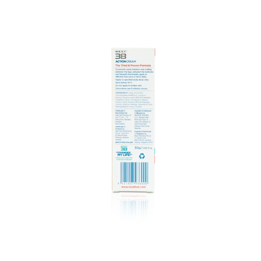 Back of the Neat 3B Action Cream 75g box with a white background, duck egg blue and red text, featuring usage instructions, ingredients, manufacturer details, and a barcode.