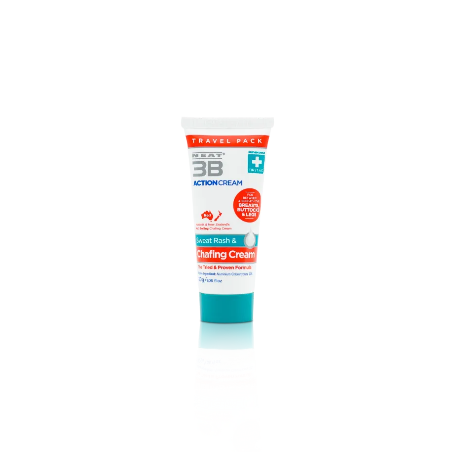 Neat 3B Action Cream 75g tube with a white, red, and duck egg blue design, formulated to prevent sweat and chafing.
