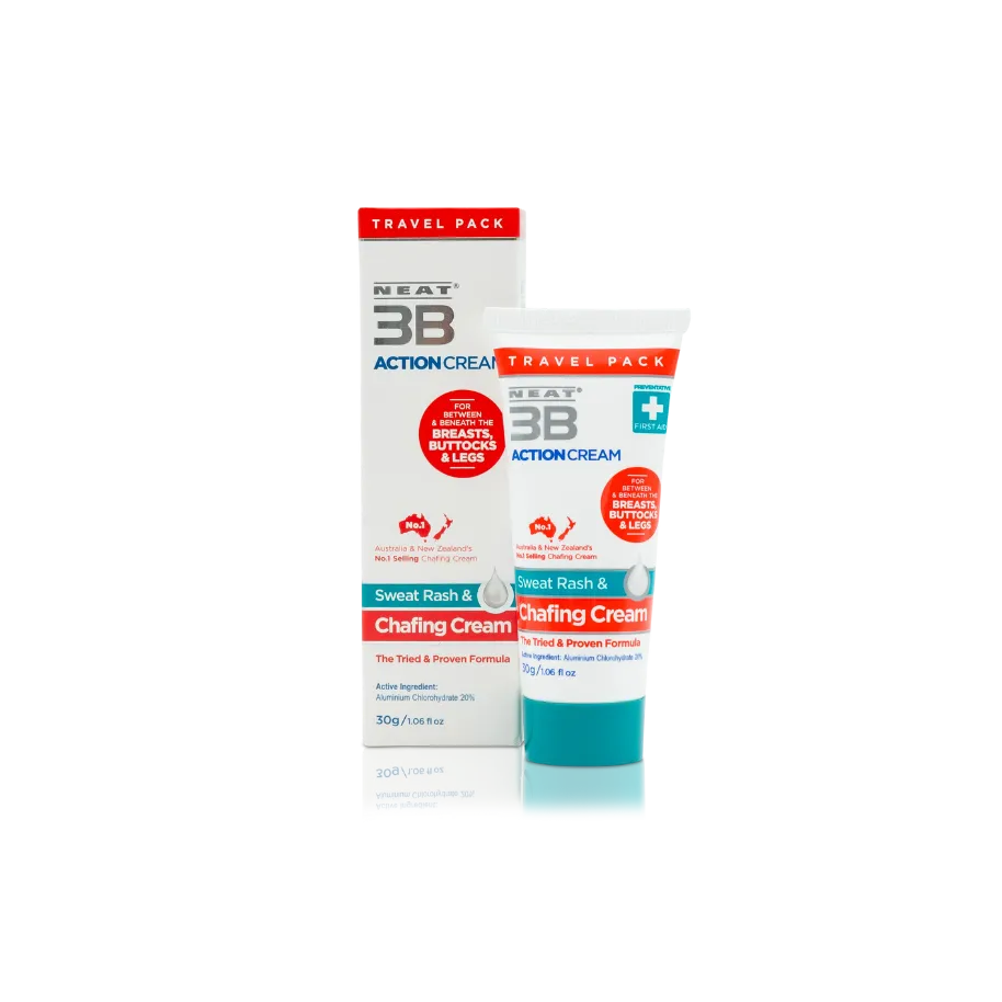 Neat 3B Action Cream 75g box and tube, both featuring a white, red, and duck egg blue design, formulated to prevent sweat and chafing.