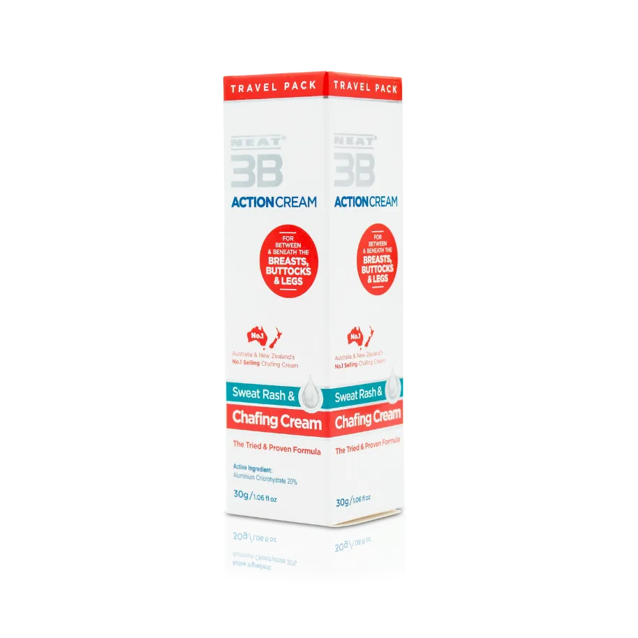 Neat 3B Action Cream 30g travel pack box with a white, red, and duck egg blue design, ideal for preventing sweat and chafing on the go.