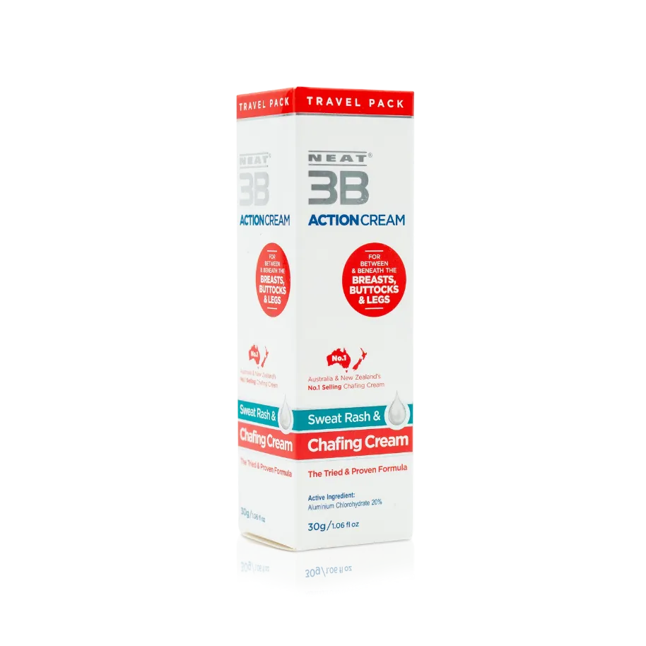Neat 3B Action Cream 30g travel pack box with a white, red, and duck egg blue design, ideal for preventing sweat and chafing on the go.