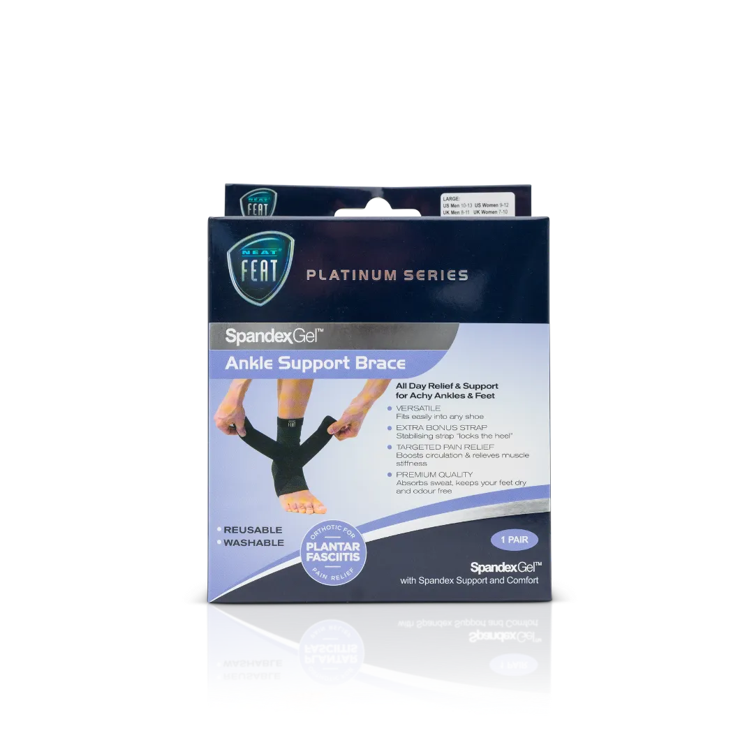 Platinum Series Spandex Gel Ankle Support Brace box, mostly blue and purple, featuring an image of a foot wearing the support brace on the front, demonstrating its fit and ankle support benefits.