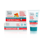 Neat 3B Anti-Itch Cream for Eczema, Psoriasis, and Dermatitis, suitable for all ages. The box and tube feature a clean, simple design with clear product information, highlighting its soothing properties for irritated skin.
