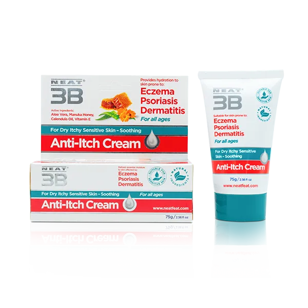 Neat 3B Anti-Itch Cream for Eczema, Psoriasis, and Dermatitis, suitable for all ages. The box and tube feature a clean, simple design with clear product information, highlighting its soothing properties for irritated skin.