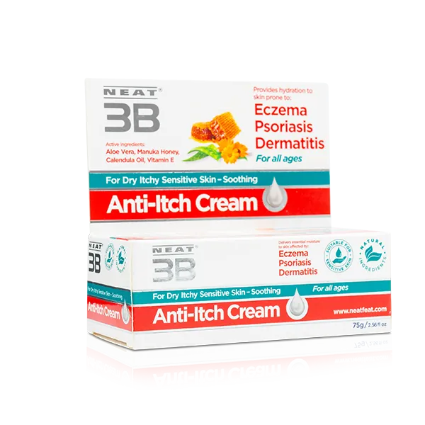 Box of Neat 3B Anti-Itch Cream for Eczema, Psoriasis, and Dermatitis, suitable for all ages. The design includes clear product information and highlights its soothing and relief properties for irritated skin.