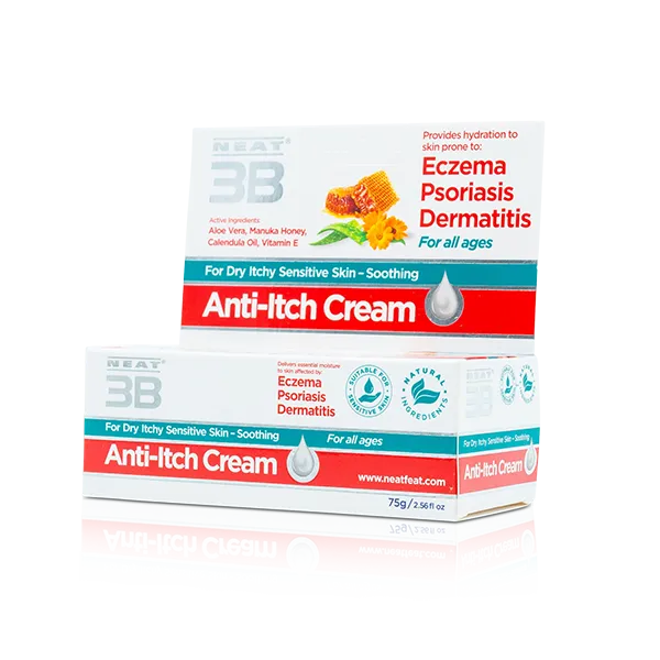 Box of Neat 3B Anti-Itch Cream for Eczema, Psoriasis, and Dermatitis, suitable for all ages. The design includes clear product information and highlights its soothing and relief properties for irritated skin.