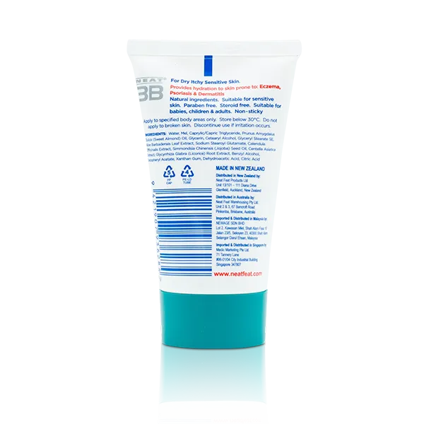 Back of the white tube of Neat 3B Anti-Itch Cream, featuring a duck blue coloured lid. The design includes usage instructions, safety information, and product details, all in a clear, easy-to-read layout