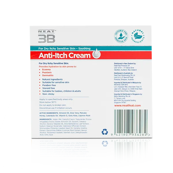 Back of the box for Neat 3B Anti-Itch Cream, featuring detailed product information, usage instructions, safety precautions, ingredients, and a barcode. The design is clean with clear, concise text