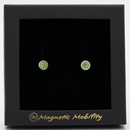 Magnetic Mobility August Birthstone Stud Earrings featuring peridot green Swarovski crystals, elegantly presented in a black box with Magnetic Mobility branding. These magnetic back earrings offer stylish pain relief.