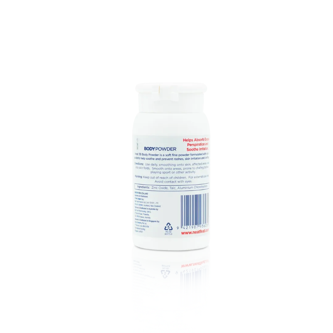 Back of the Neat Feat 3B Body Powder Travel Pack 30g, featuring product information, usage instructions, and safety details. The design maintains a simple, clean layout with easy-to-read text.