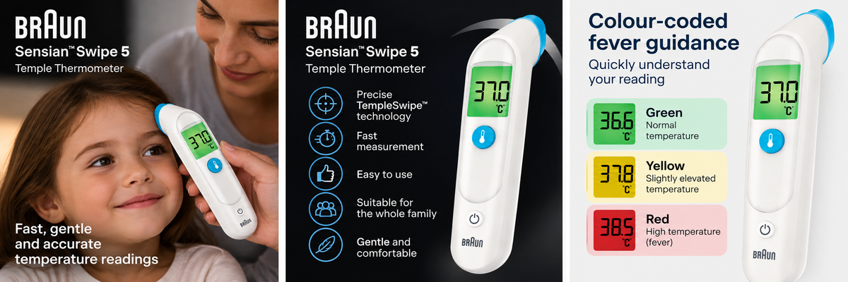Braun Sensian Swipe 5 Temple Thermometer with Colour-Coded Fever Guidance