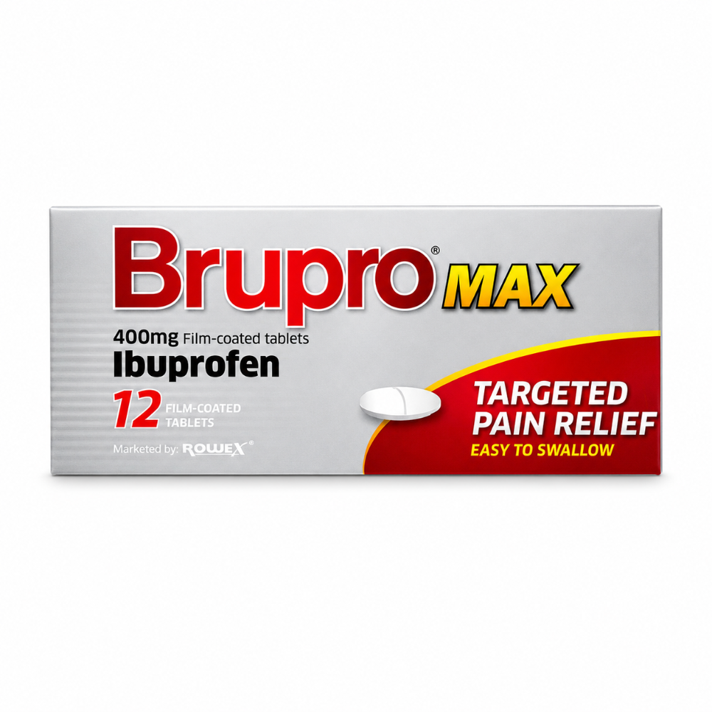Brupro Max ibuprofen packaging on a white background
