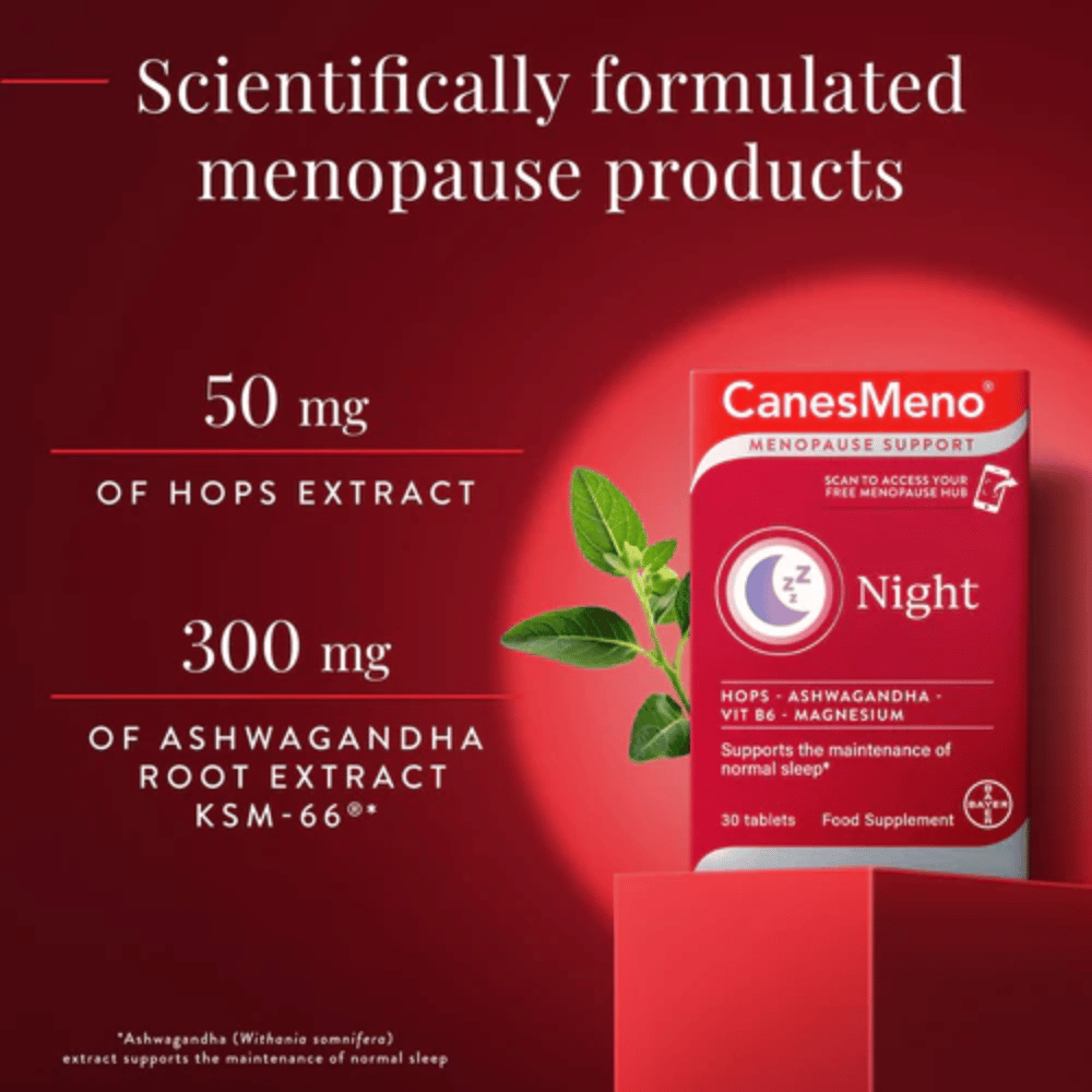 CanesMeno Night menopause support product packaging with hop and ashwagandha root extract information on a red background.