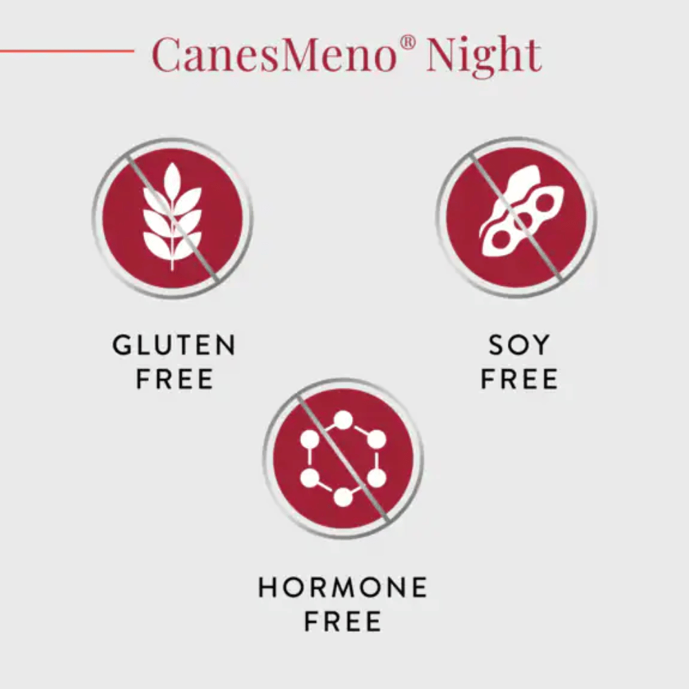 CanesMeno Night label with gluten-free, soy-free, and hormone-free symbols on a white background.