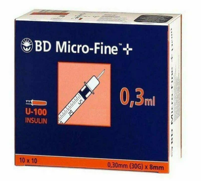 BD MicroFine+ 0.3ml Insulin Syringe with 30G x 8mm Needles - 100 Pack