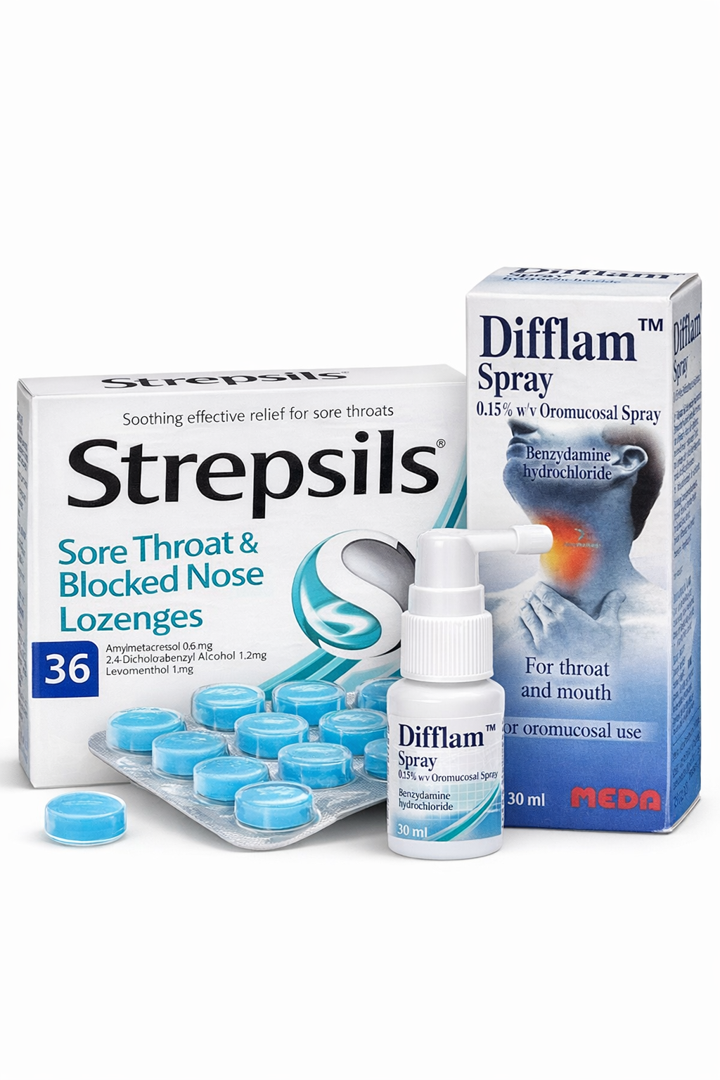 Difflam Spray & Strepsils Sore Throat & Blocked Nose Lozenges Bundle