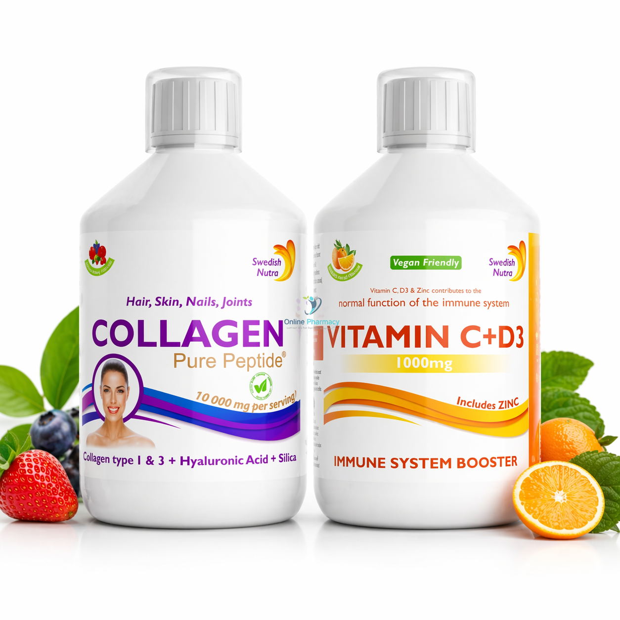 Swedish Nutra Vitamin C & D3 And Swedish Nutra Collagen 10,000mg Liquid Bundle