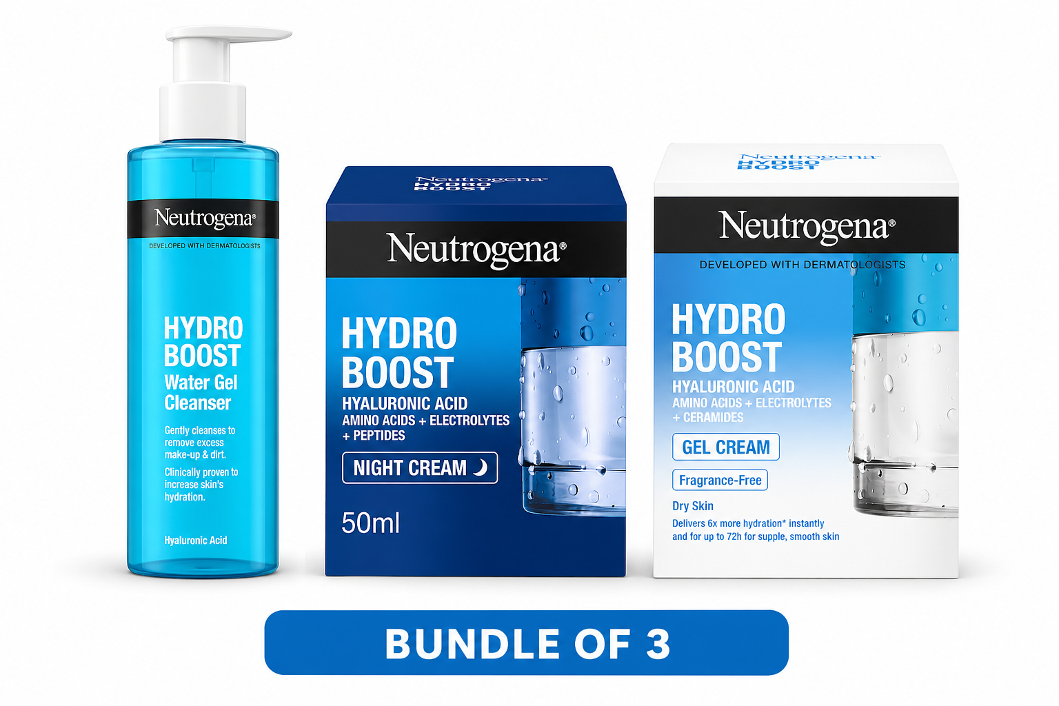 Neutrogena Hydroboost Gel Cream, Water Gel Cleanser & Night Cream Bundle