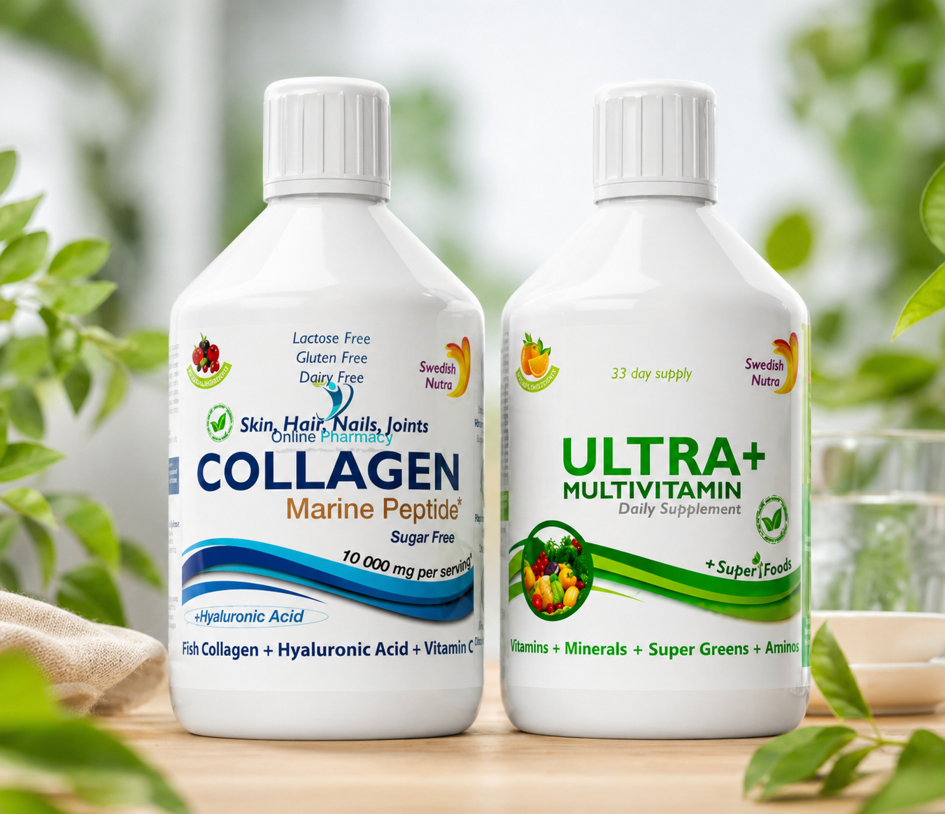 Swedish Nutra Ultra+ Multivitamin Liquid - 500ml And Swedish Nutra Collagen Marine Peptide Sugar Free 10000mg Liquid - 500ml Bundle