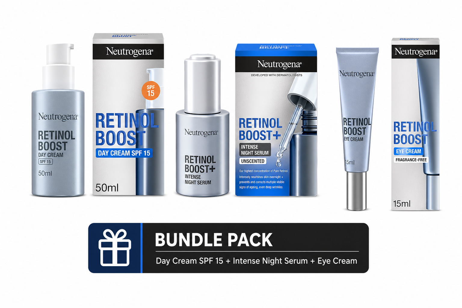 Neutrogena Retinol Boost Day Cream,  Intense Night Serum & Eye Cream Bundle