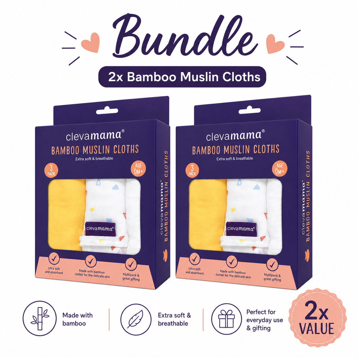 Clevamama Bamboo Muslin Cloths Set  - 3 Pack - 2 Set Bundle