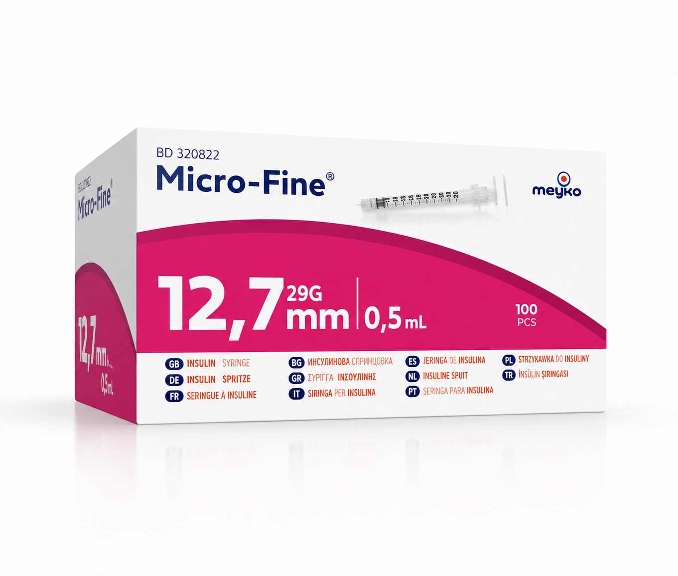 BD MicroFine+ 0.5ml Insulin Syringe with 29G x 12.7mm Needles - 100 Pack