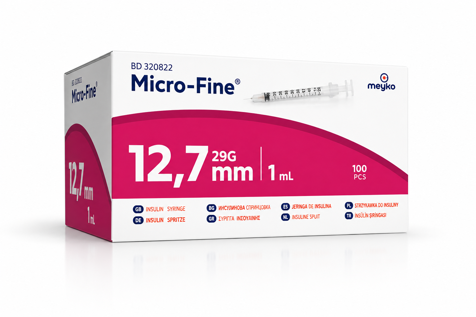 BD MicroFine+ 1ml Insulin Syringe with 29G x 12.7mm Needles - 100 Pack