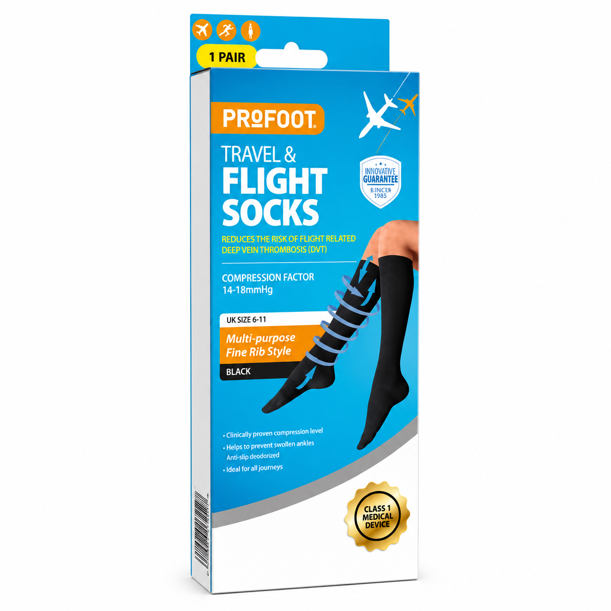 Profoot Travel & Flight Socks Size 4-7 - Black