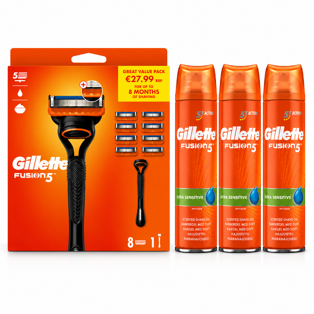 Gillette Fusion 5 Men's Razor Blade + 8 Razors & Sensitive Gel Bundle