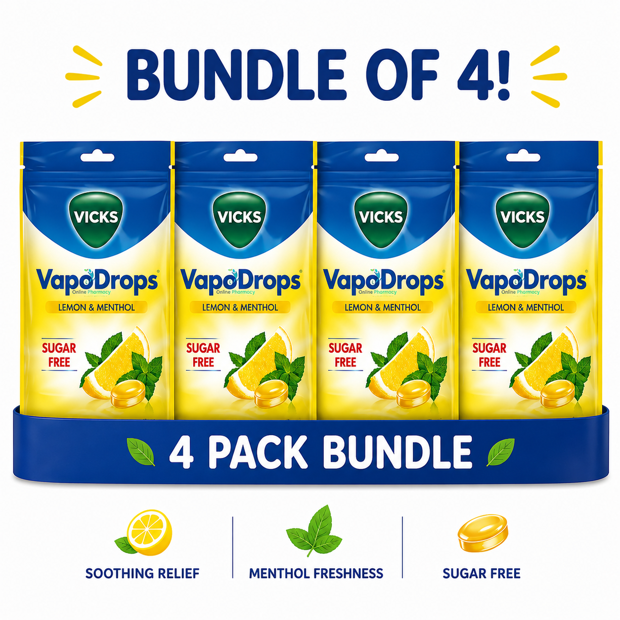 Vicks VapoDrops Sugar Free Lemon & Menthol x4 Pack Bundle