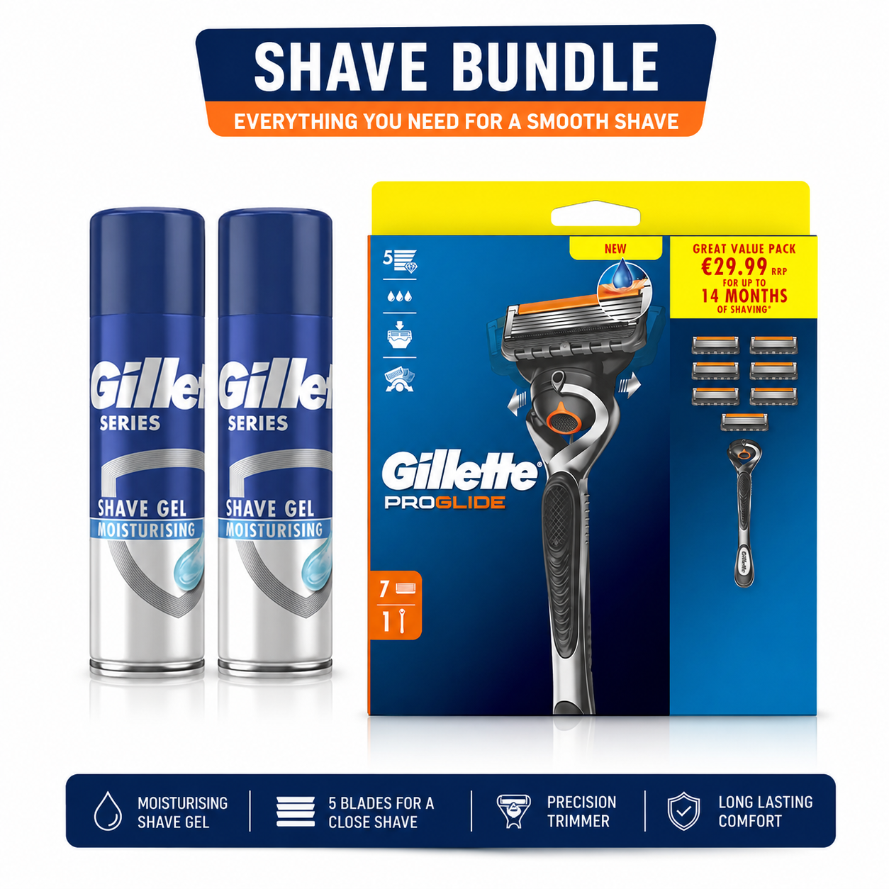 Gillette ProGlide Razor + 7 Blades & Gillette Shave Gel Bundle