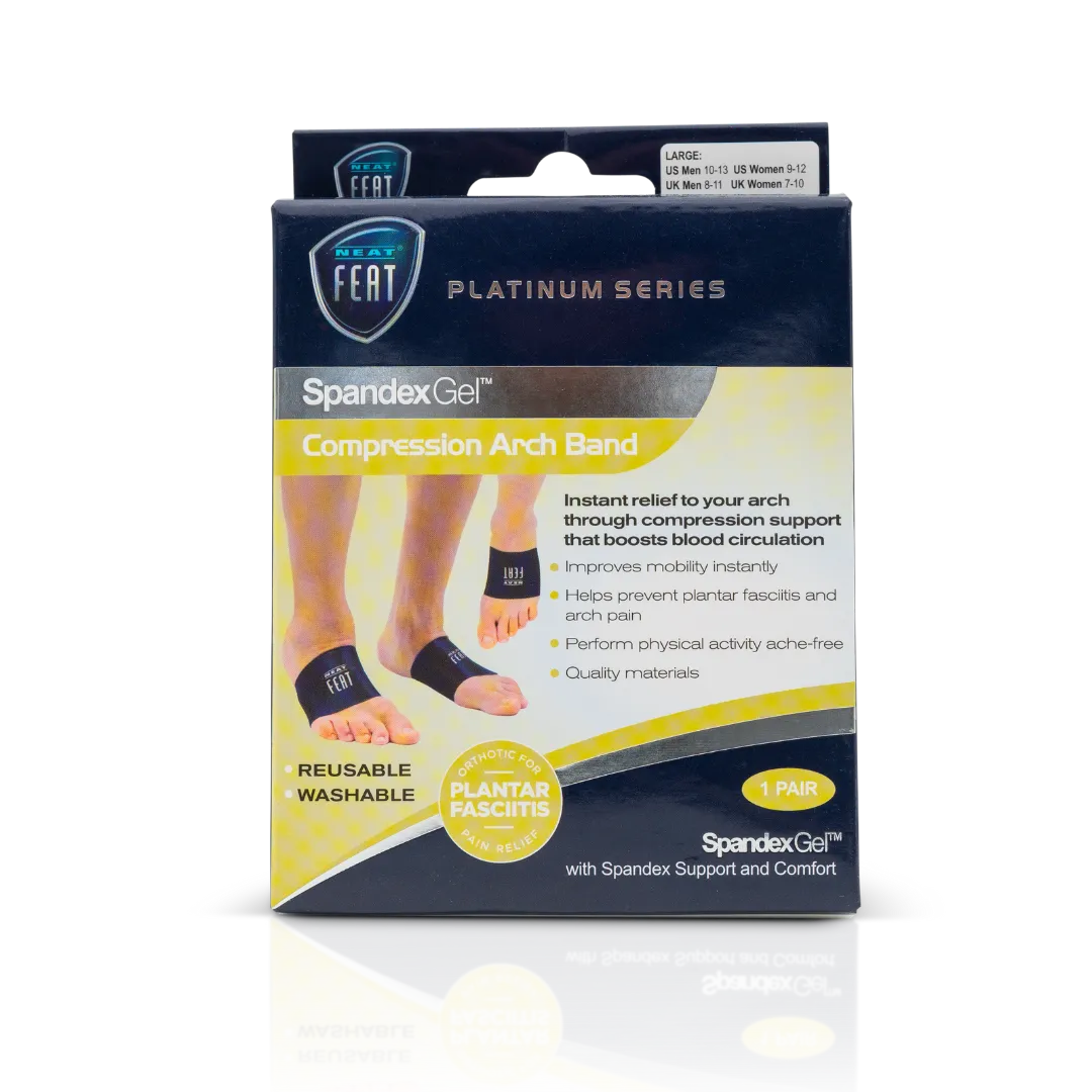 Platinum Series Spandex Gel Compression Arch Band box, mostly blue and yellow, featuring an image of a foot wearing the product on the front, demonstrating its fit and arch support benefits.