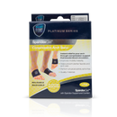 Platinum Series Spandex Gel Compression Arch Band box, mostly blue and yellow, featuring an image of a foot wearing the product on the front, demonstrating its fit and arch support benefits.