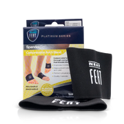 Platinum Series Spandex Gel Compression Arch Band. The image shows the mostly blue and yellow box with a demonstration of the product on the front (a foot wearing the product). Two black bands with a white logo are placed in front of the box, one standing upright and the other lying down.