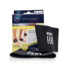 Platinum Series Spandex Gel Compression Arch Band. The image shows the mostly blue and yellow box with a demonstration of the product on the front (a foot wearing the product). Two black bands with a white logo are placed in front of the box, one standing upright and the other lying down.