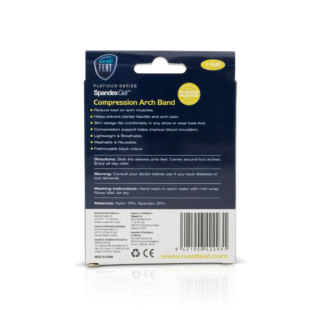 The back of the Platinum Series Spandex Gel Compression Arch Band box, mostly blue and white with predominantly white font, displaying product details and usage instructions in a clean, organised layout.