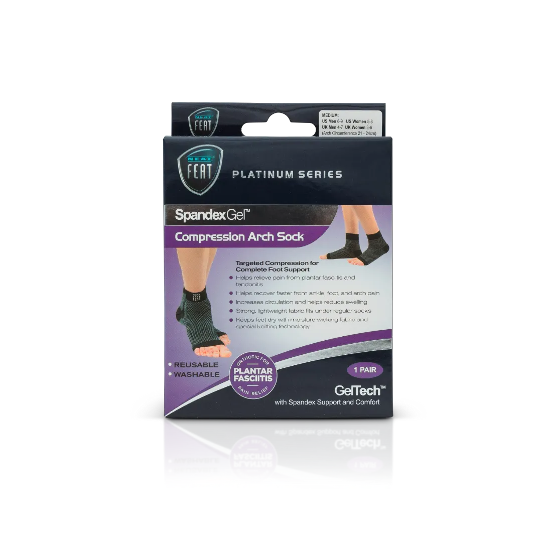 Platinum Series Spandex Gel Compression Arch Sock box, mostly dark blue and purple, featuring an image of a foot on the front demonstrating the product's fit and support for the arch.