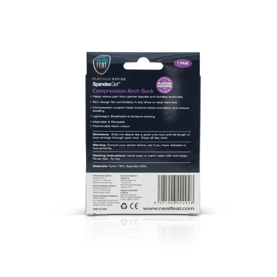 The back of the Platinum Series Spandex Gel Compression Arch Sock box, mostly dark blue and white with predominantly white font, displaying product details and usage instructions in a clear, structured layout.
